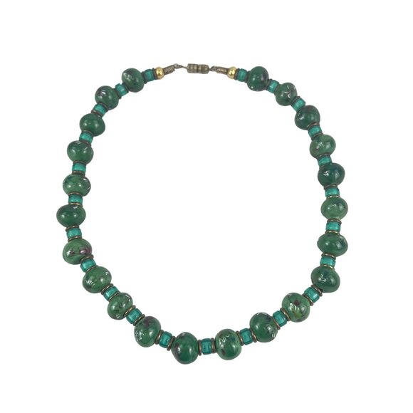 Vintage 16” Green Ceramic Beaded Necklace With Barrel Clasp 1970s - Picture 3 of 7